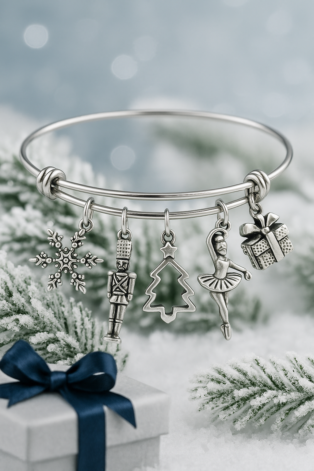 Nutcracker Ballet Christmas Charm Bracelet – Silver Holiday Bangle