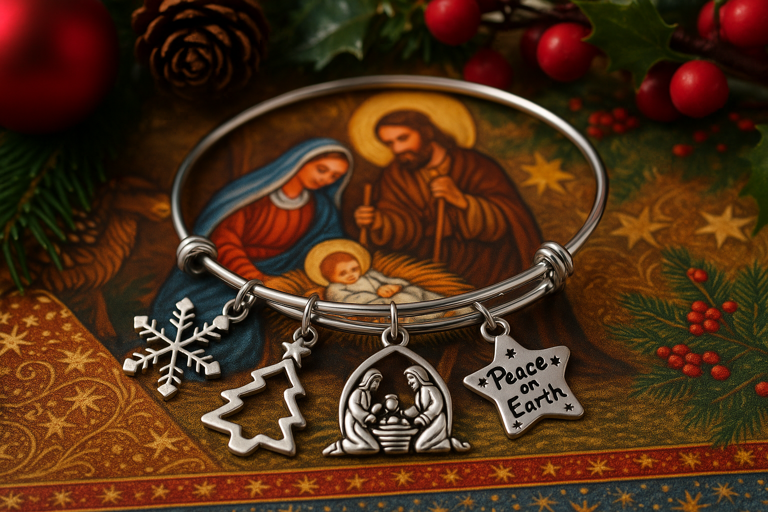 Nativity Christmas Charm Bracelet – Peace on Earth Holiday Bangle