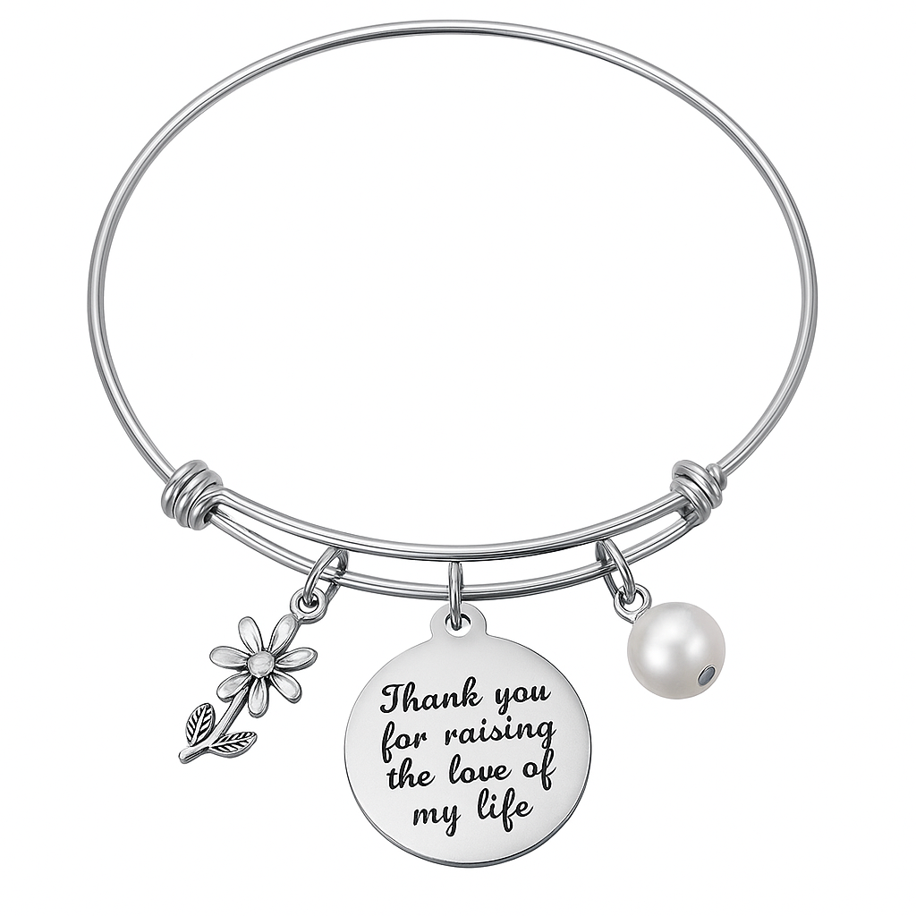 Thank You for Raising the Love of My Life Bracelet – Silver Expandable Bangle with Pearl and Daisy Charms – Wedding Gift for Mother of the Groom or Bride