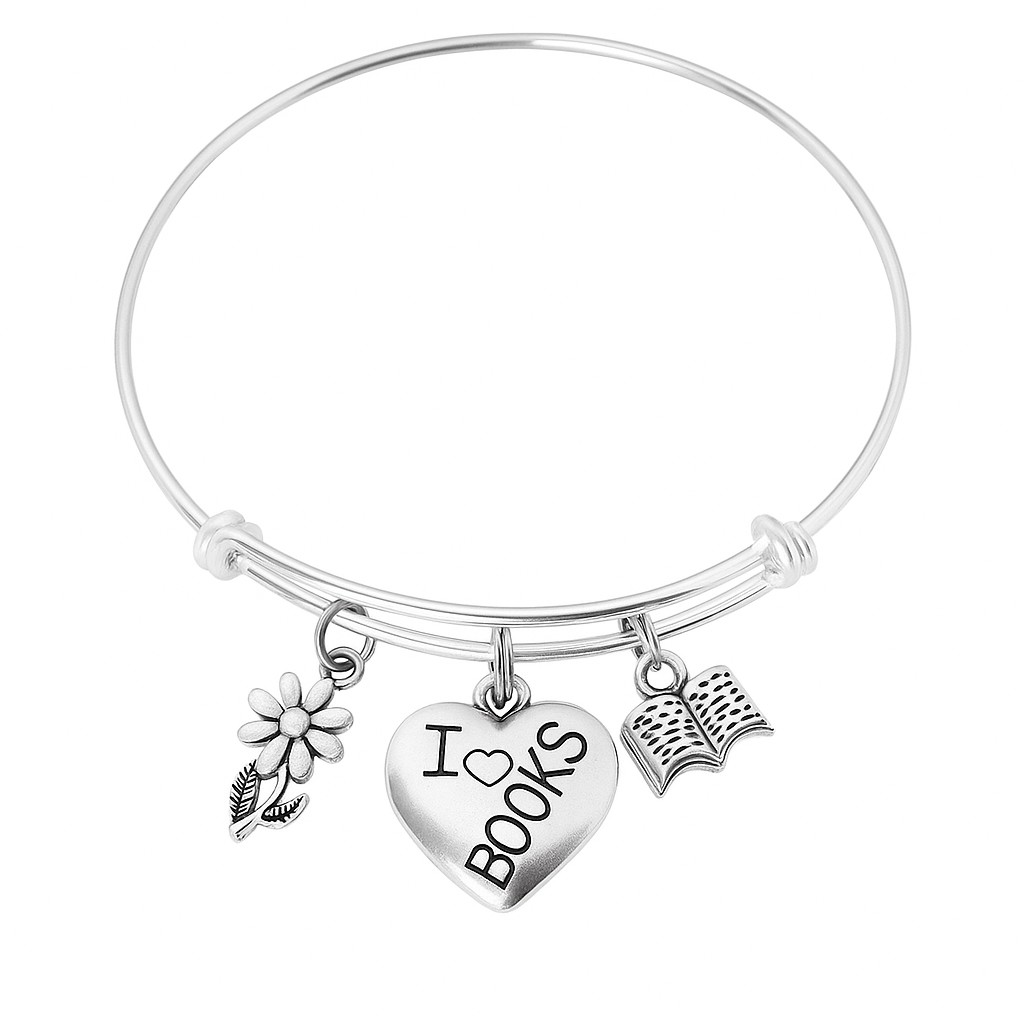I Love Books Charm Bracelet – Silver Expandable Bangle with Heart, Daisy, and Open Book Charms – Handmade Gift for Book Lovers, Teachers & Librarians