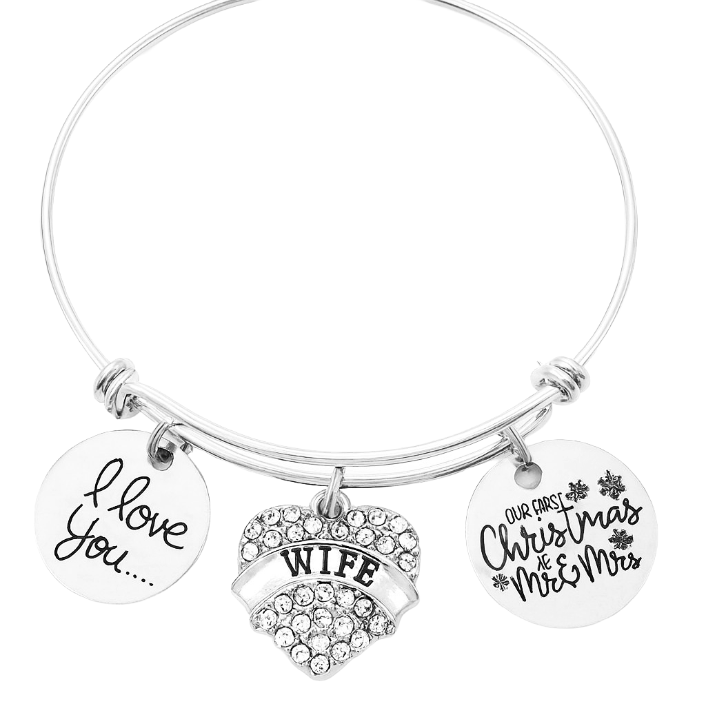 Wife Bangle Bracelet – Our First Christmas as Mr and Mrs | I Love You Expandable Silver Bracelet