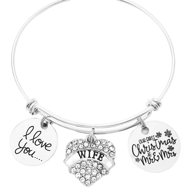Wife Bangle Bracelet – Our First Christmas as Mr and Mrs | I Love You Expandable Silver Bracelet