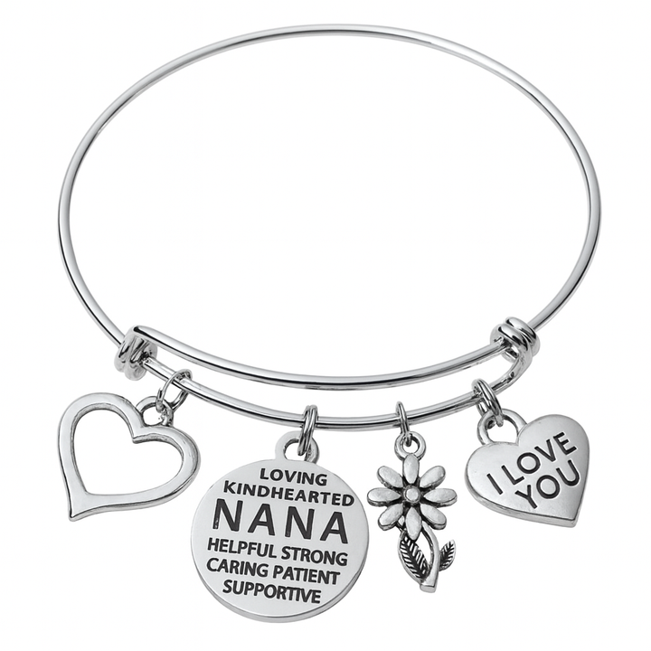 Nana Charm Bracelet – Silver Plated Adjustable Bangle with Heart &amp; Daisy Charms