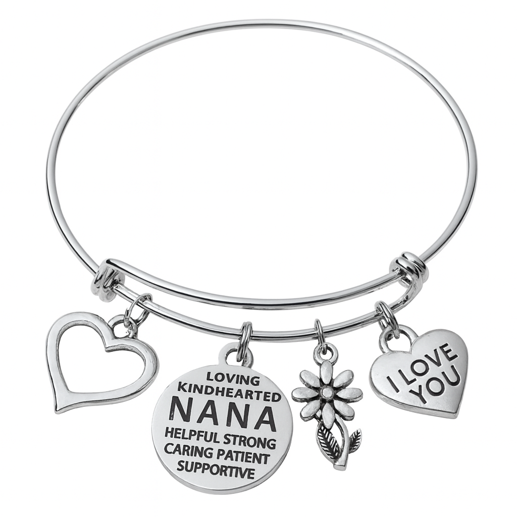 Nana Charm Bracelet – Silver Plated Adjustable Bangle with Heart & Daisy Charms