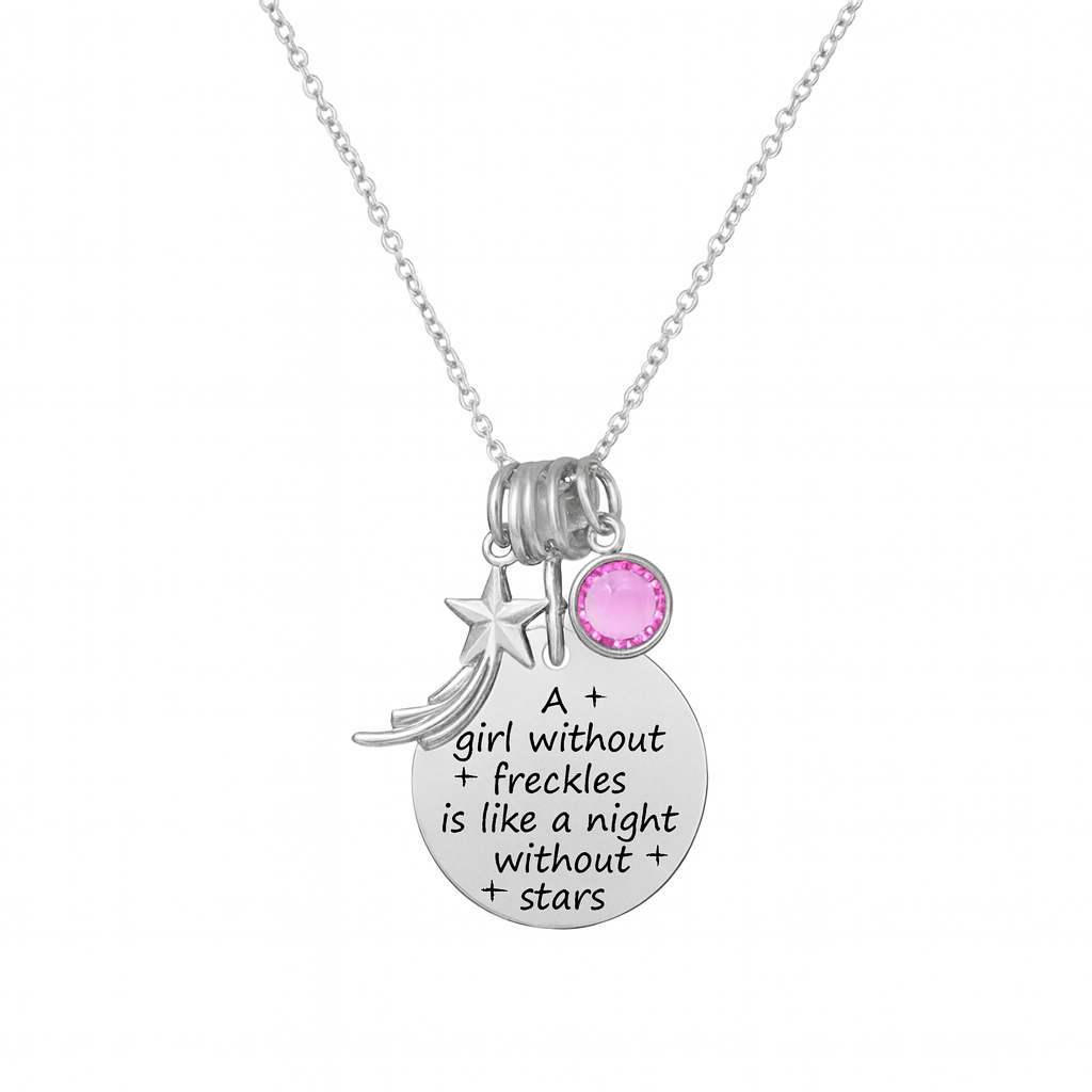 Freckle Quote Necklace – Stainless Steel Pendant with Pink Birthstone and Falling Star Charm