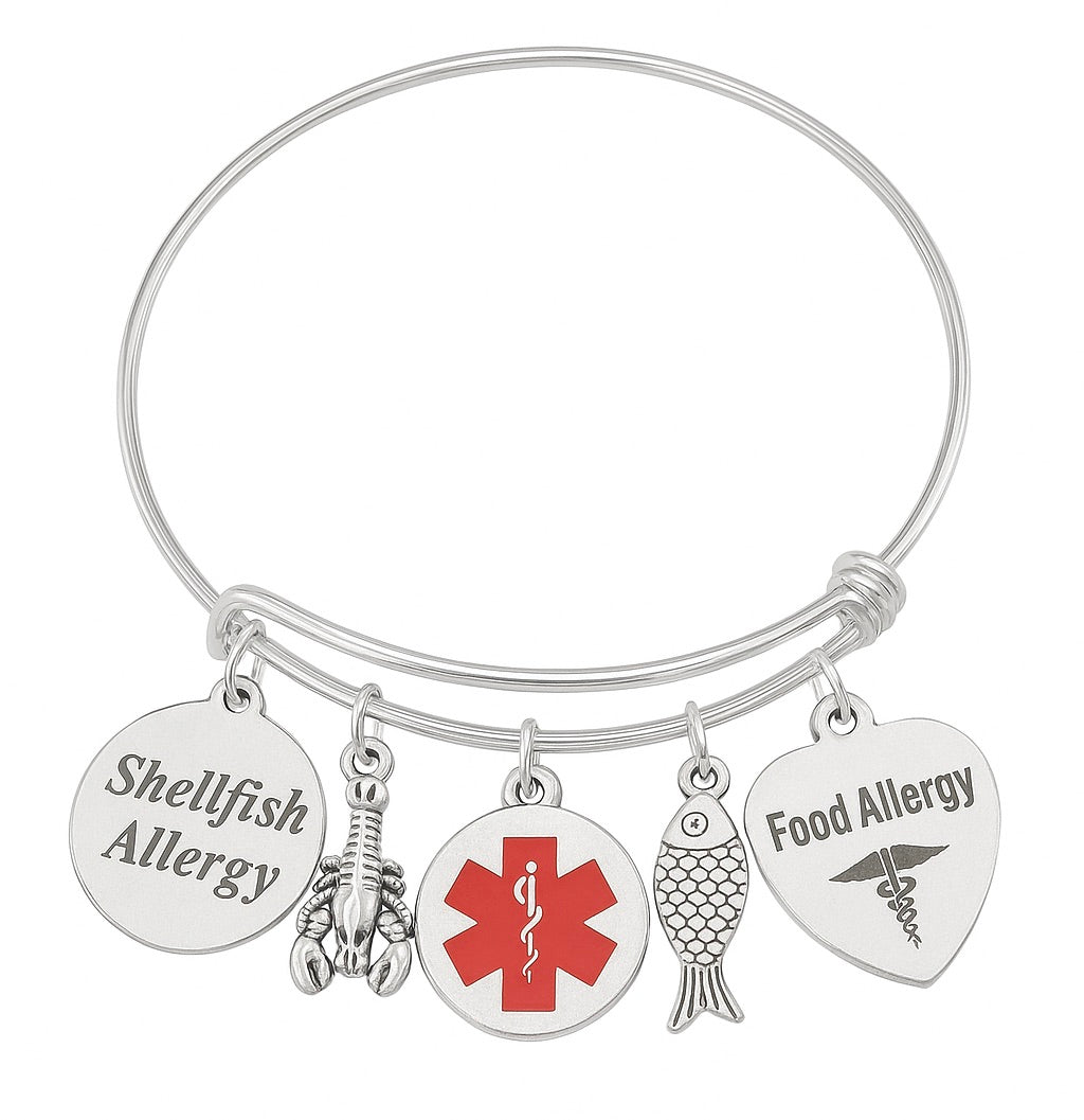 Shellfish Allergy Bracelet Silver Medical Alert Bangle 