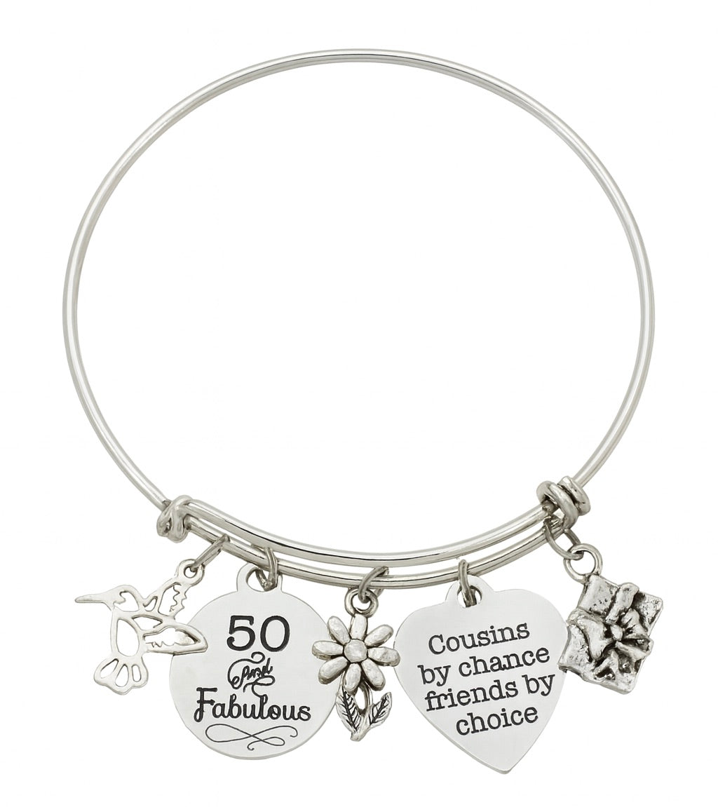 Cousin Bangle Bracelet | Silver “50 and Fabulous” Family Gift