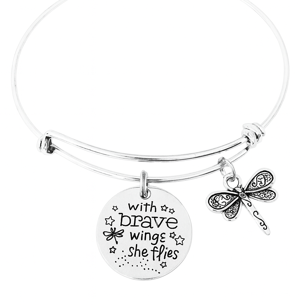 With Brave Wings She Flies Bracelet | Inspirational Silver Bangle