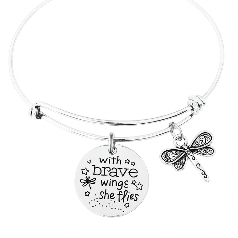 With Brave Wings She Flies Bracelet | Inspirational Silver Bangle