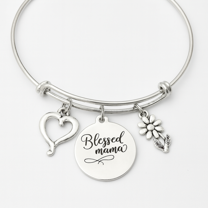 Blessed Mama Charm Bracelet – Heart &amp; Flower Expandable Bangle
