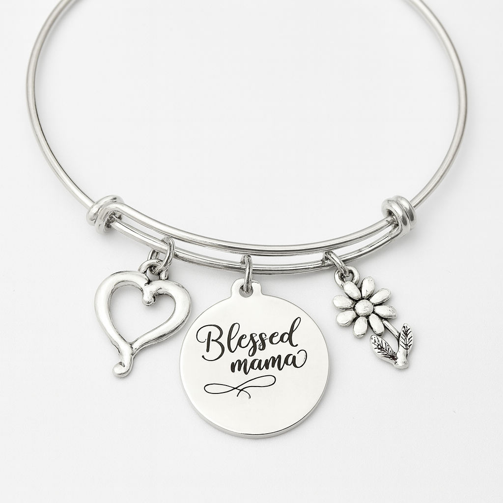 Blessed Mama Charm Bracelet – Heart & Flower Expandable Bangle
