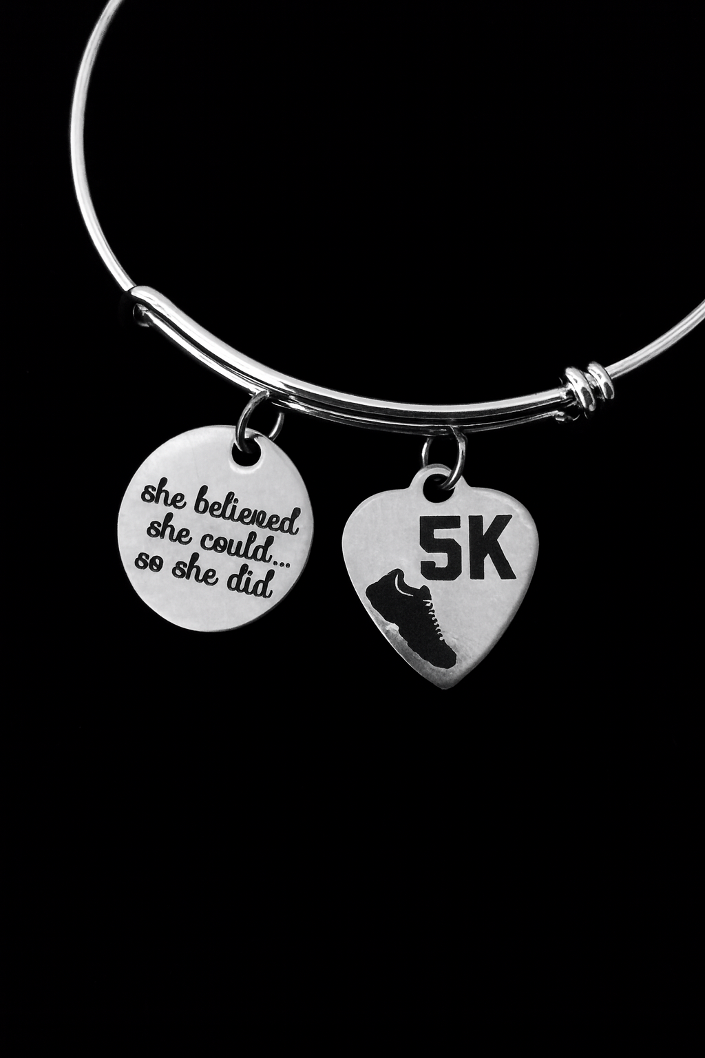 5K Runner Charm Bracelet – Adjustable Silver Bangle with Running Shoe & “She Believed She Could, So She Did” Pendant – Gift for Runners
