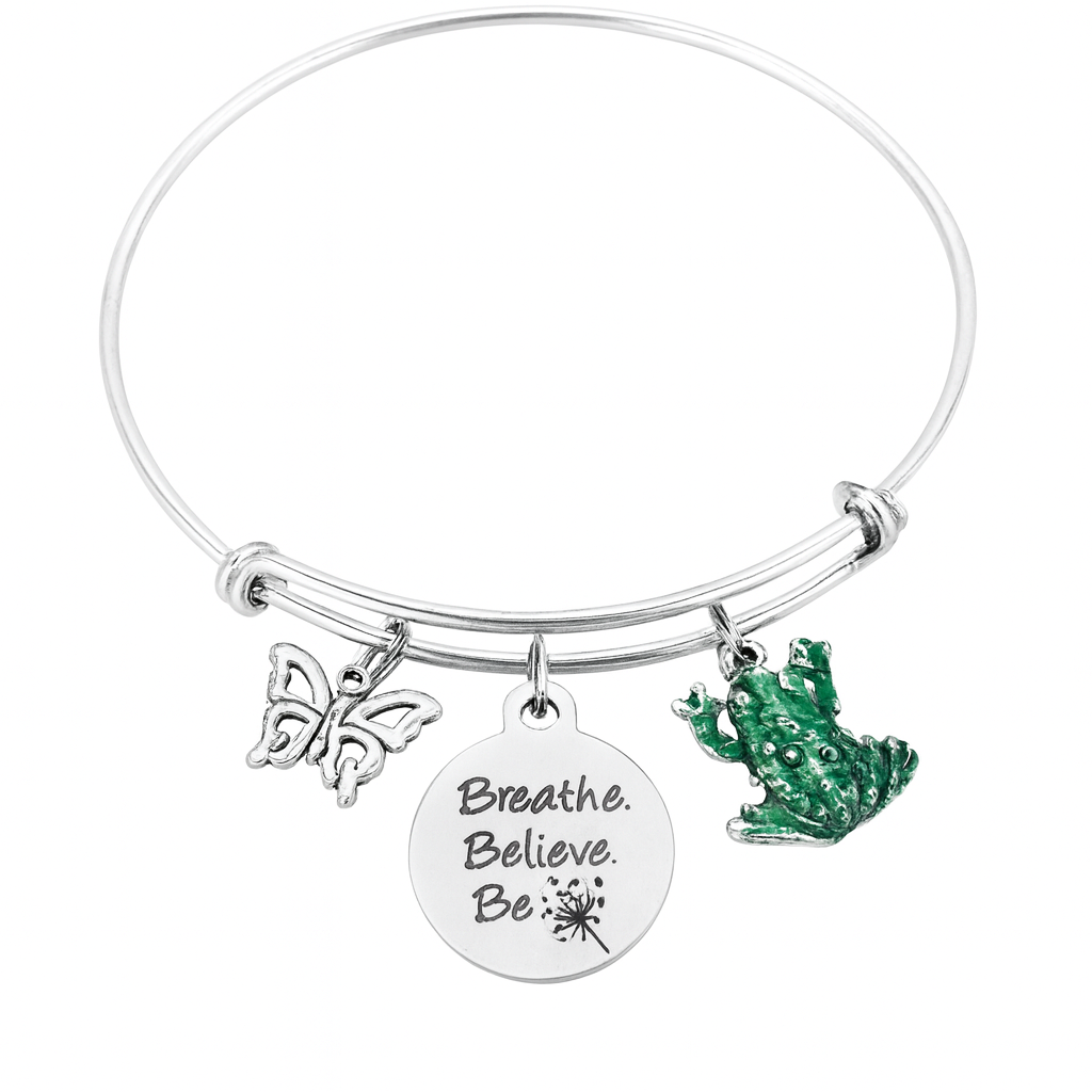 Breathe Believe Be Charm Bracelet – Inspirational Adjustable Silver Bangle