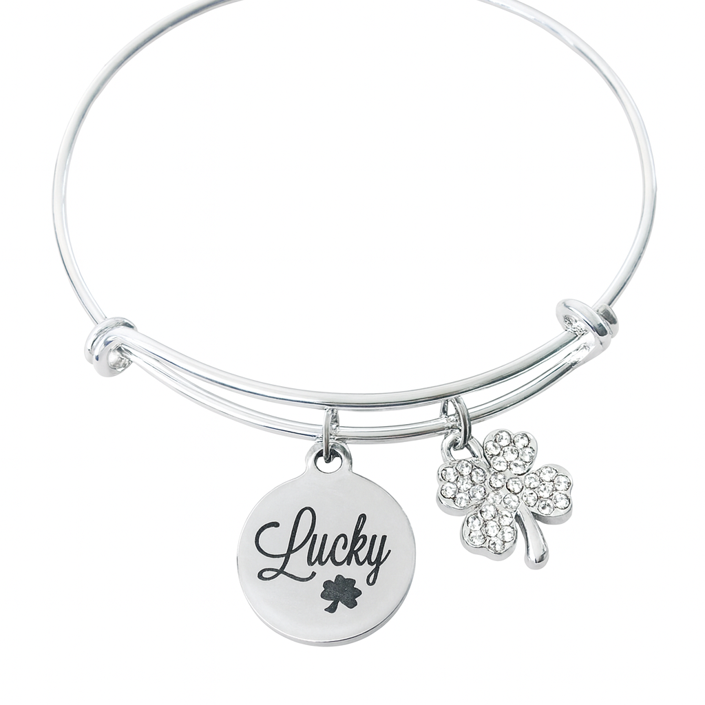 Lucky Charm Bracelet – Adjustable Silver Bangle with Shamrock Pendant
