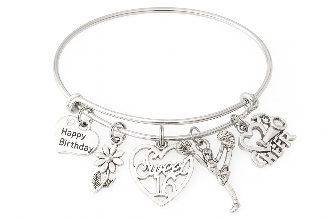 Sweet 16 Cheerleader Charm Bracelet – Adjustable Silver Bangle with Birthday, Flower, Cheerleader &amp; Heart Charms