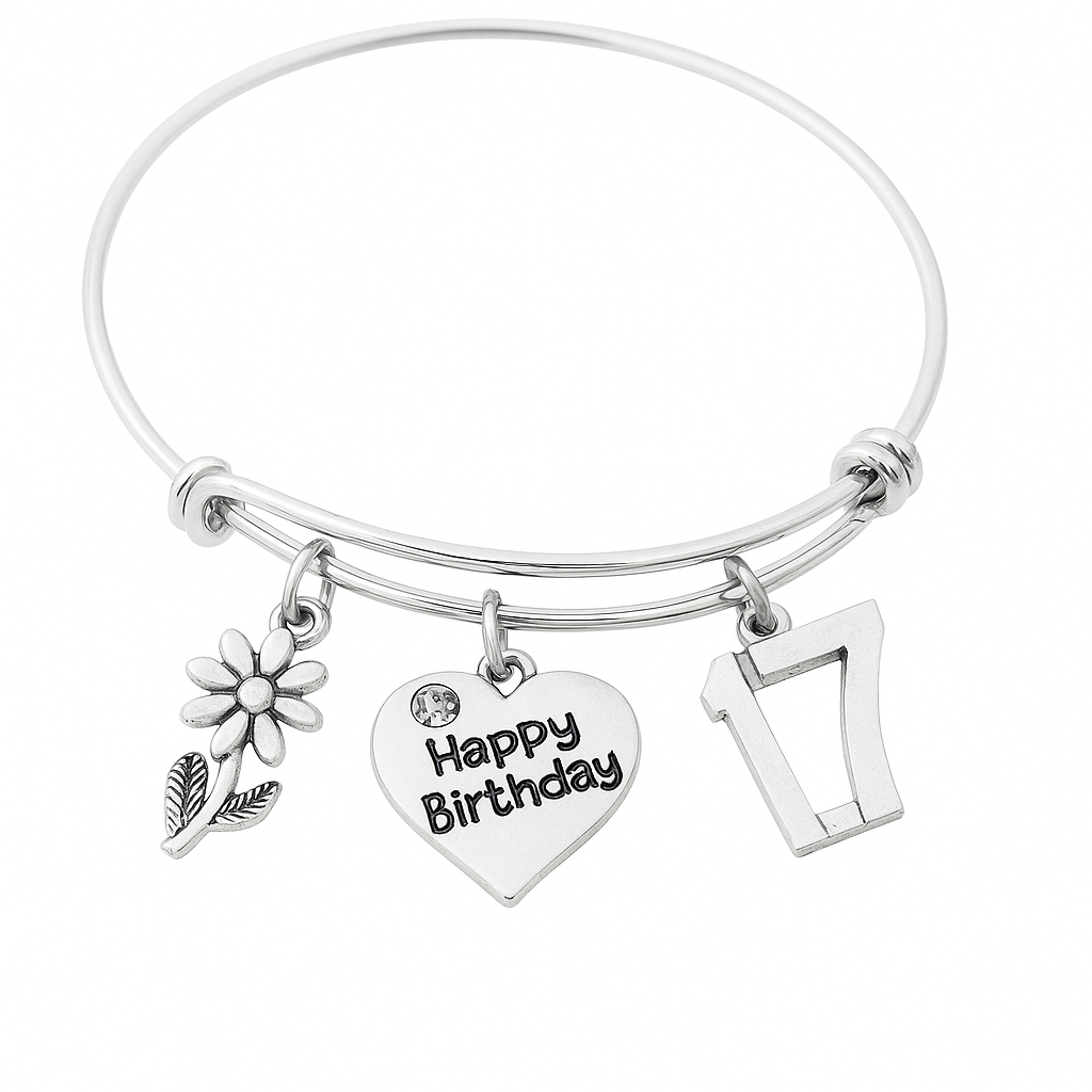17th Birthday Charm Bracelet – Adjustable Silver Bangle with Birthday & Number 17 Charms