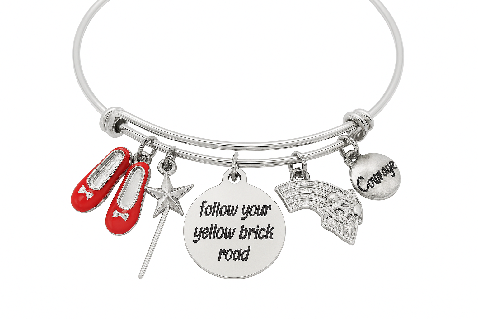 Follow Your Yellow Brick Road Charm Bracelet – Adjustable Bangle with Red Shoes, Star Wand, Rainbow, Courage, and Inspirational Pendant