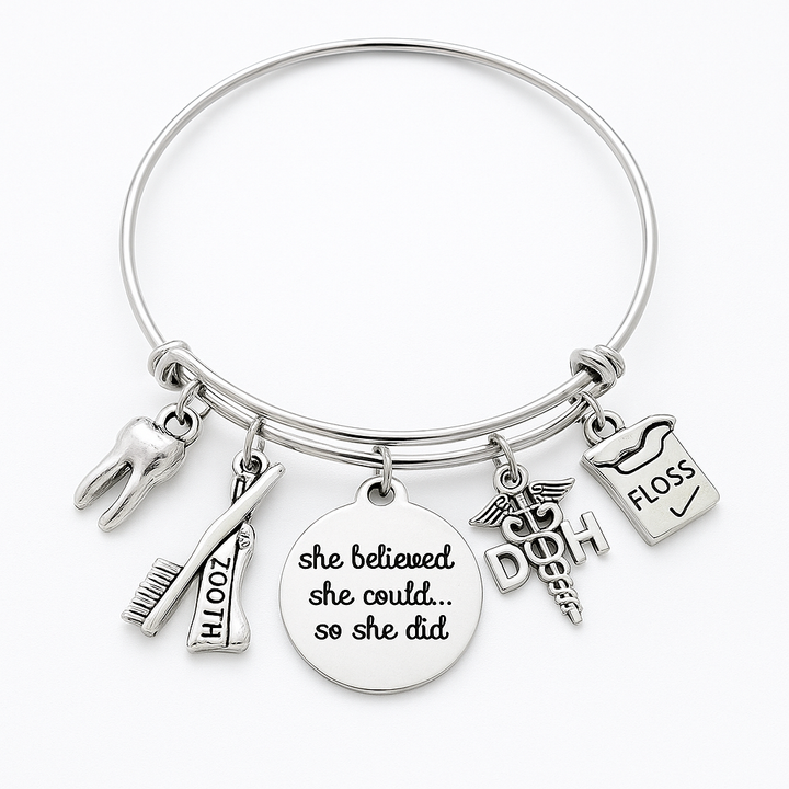 Dental Charm Bracelet | Adjustable Silver Bangle for Hygienists &amp; Students