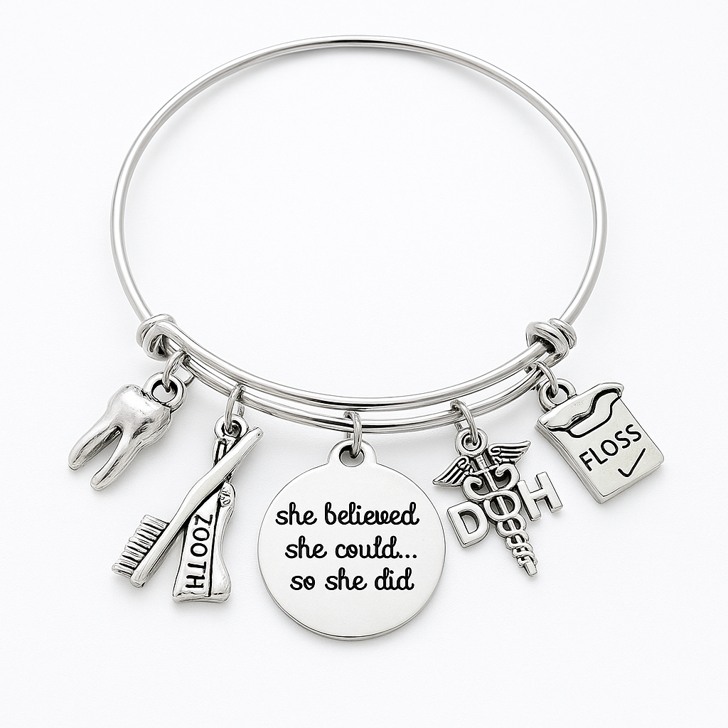 Dental Charm Bracelet | Adjustable Silver Bangle for Hygienists & Students