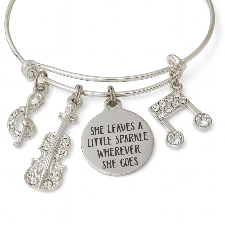 Music Charm Bracelet – Silver Bangle with Treble Clef, Violin & Quote