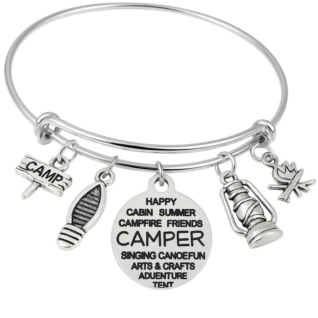 Camper Charm Bracelet | Adjustable Silver Bangle Camping Jewelry
