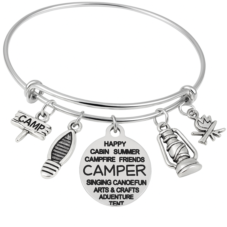 Camper Charm Bracelet | Adjustable Silver Bangle Camping Jewelry