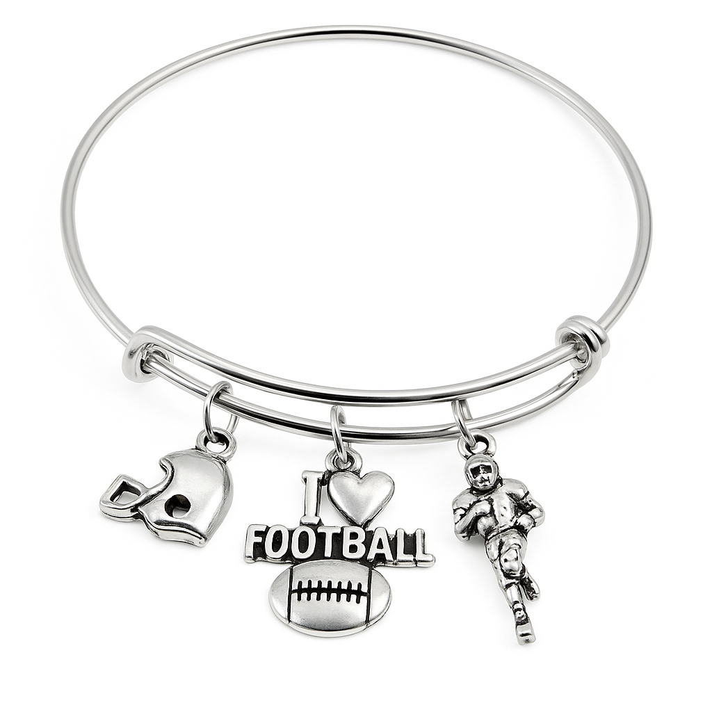 Football Charm Bracelet – Adjustable Silver Bangle with Sports Charms