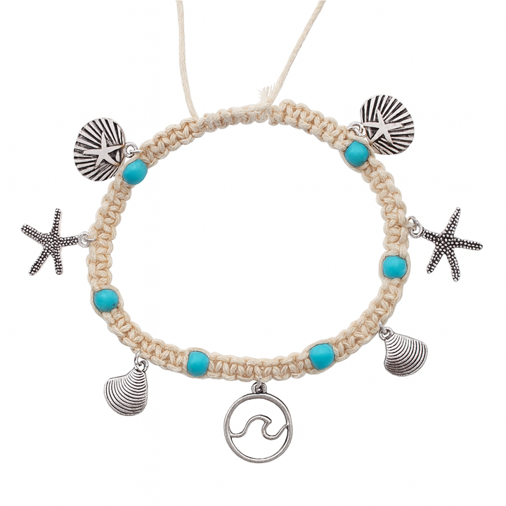 Beige braided bracelet with turquoise beads and silver charms anklets