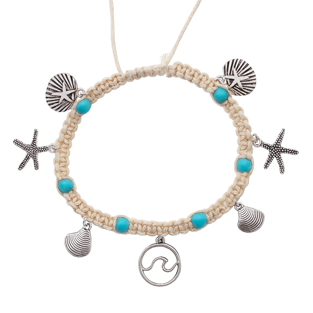 Beige braided bracelet with turquoise beads and silver charms anklets