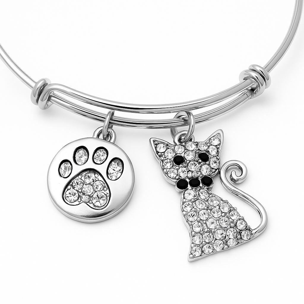 Crystal Cat Paw Bracelet Silver Expandable Adjustable Bangle cat Mom Gift
