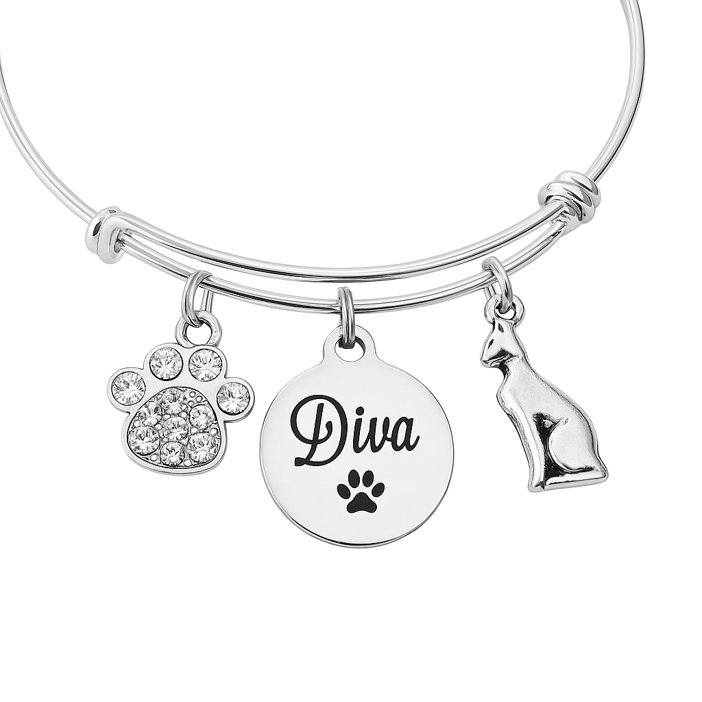 Diva Cat Charm Bracelet – Crystal Paw Print &amp; Cat Charm – Adjustable Silver Bangle – Cat Mom Gift – Animal Lover Jewelry – Handmade Pet Bracelet