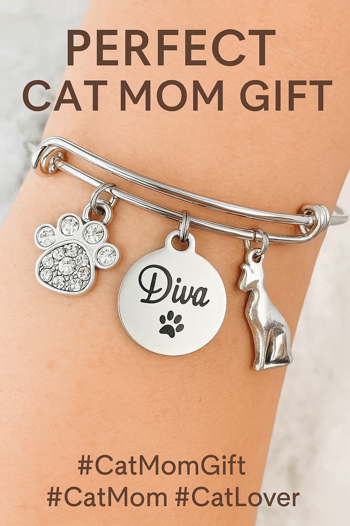 Diva Cat Charm Bracelet – Crystal Paw Print &amp; Cat Charm – Adjustable Silver Bangle – Cat Mom Gift – Animal Lover Jewelry – Handmade Pet Bracelet