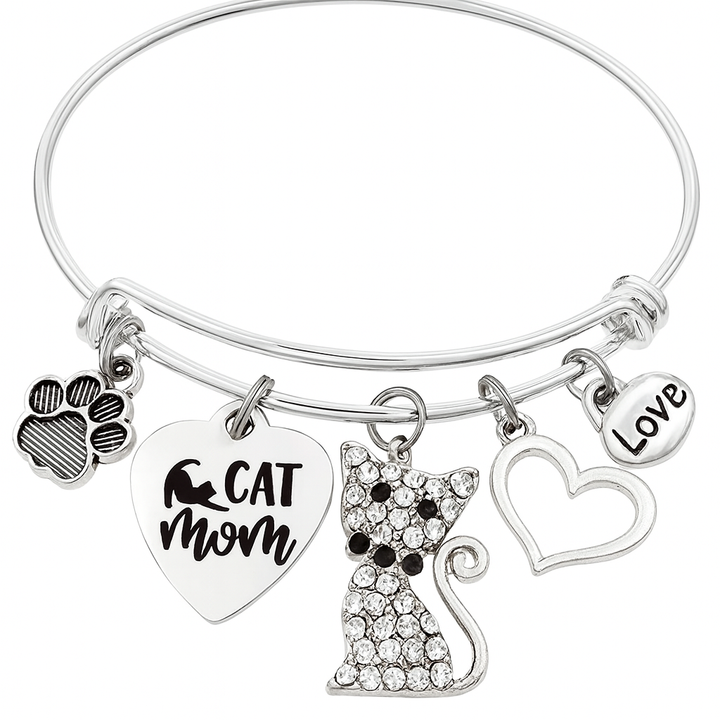 Cat Mom Charm Bracelet – Silver Expandable Bangle with Crystal Cat, Paw Print &amp; Heart Charms – Handmade Jewelry Gift for Cat Lovers