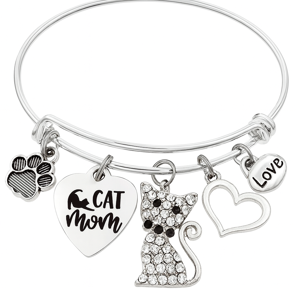 Cat Mom Charm Bracelet – Silver Expandable Bangle with Crystal Cat, Paw Print & Heart Charms – Handmade Jewelry Gift for Cat Lovers
