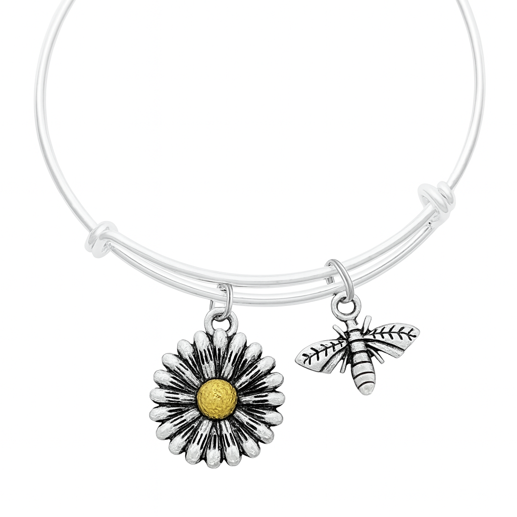 Daisy and Bee Charm Bracelet – Silver Expandable Bangle with Flower and Bee Charms – Nature Jewelry