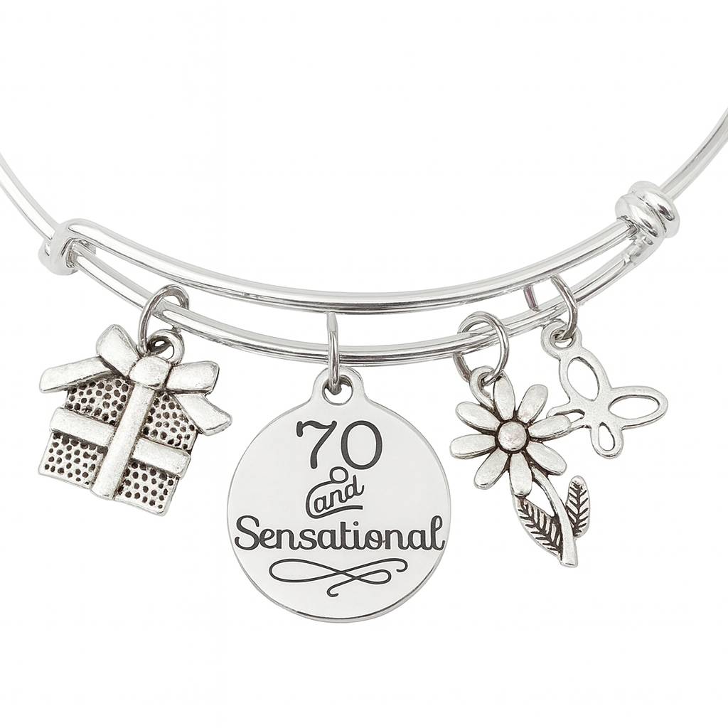70 and Sensational Charm Bracelet – Silver Expandable Bangle with Birthday Gift, Flower, Butterfly, and Inspirational Pendant