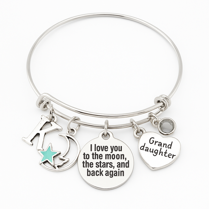 Granddaughter Charm Bracelet – “I Love You to the Moon, the Stars, and Back Again” – Silver Expandable Bangle with Initial, Moon &amp; Star, Birthstone