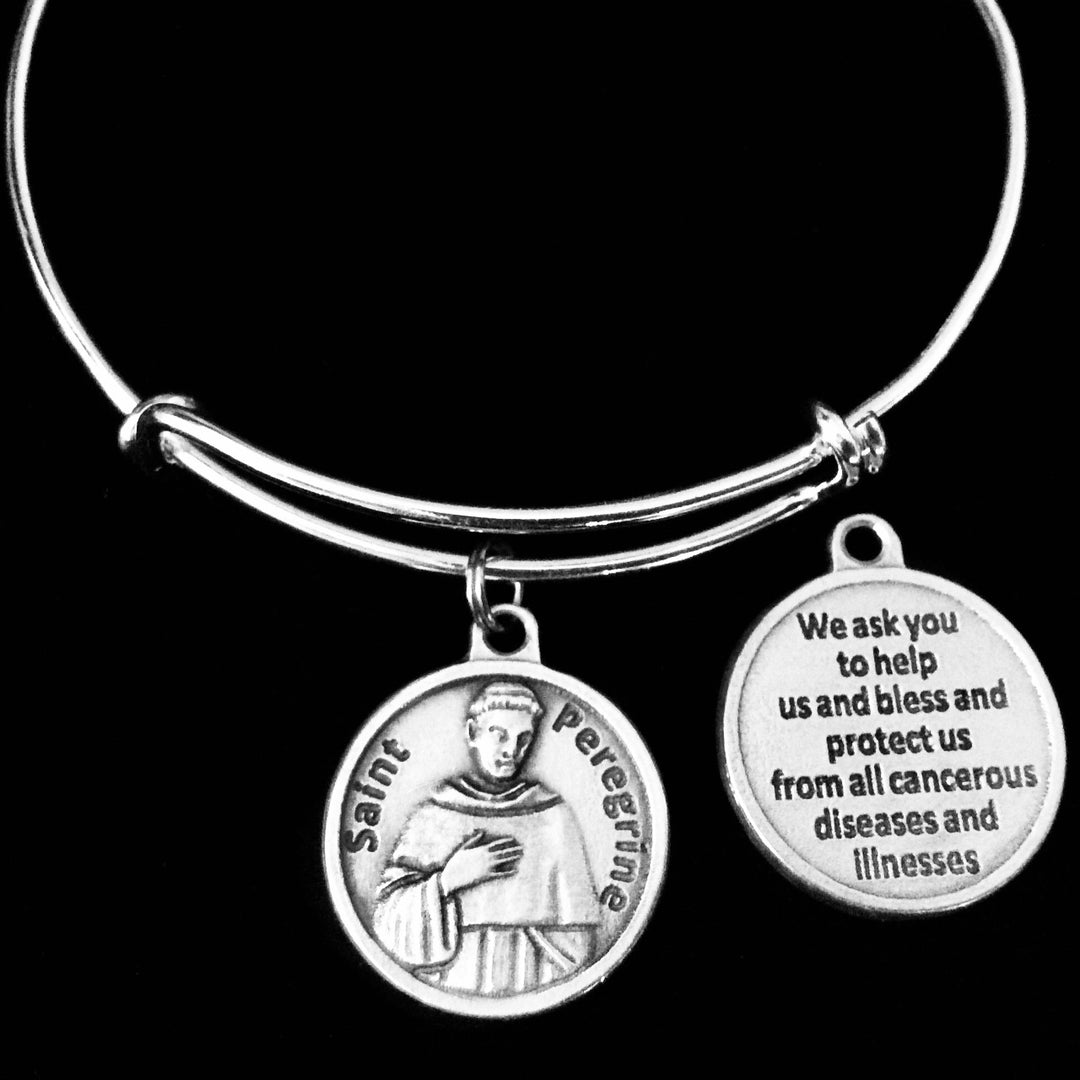 Patron Saint Of Cancer Saint Peregrine with Prayer on Back Silver Charm Bracelet Adjustable Expandable bangle