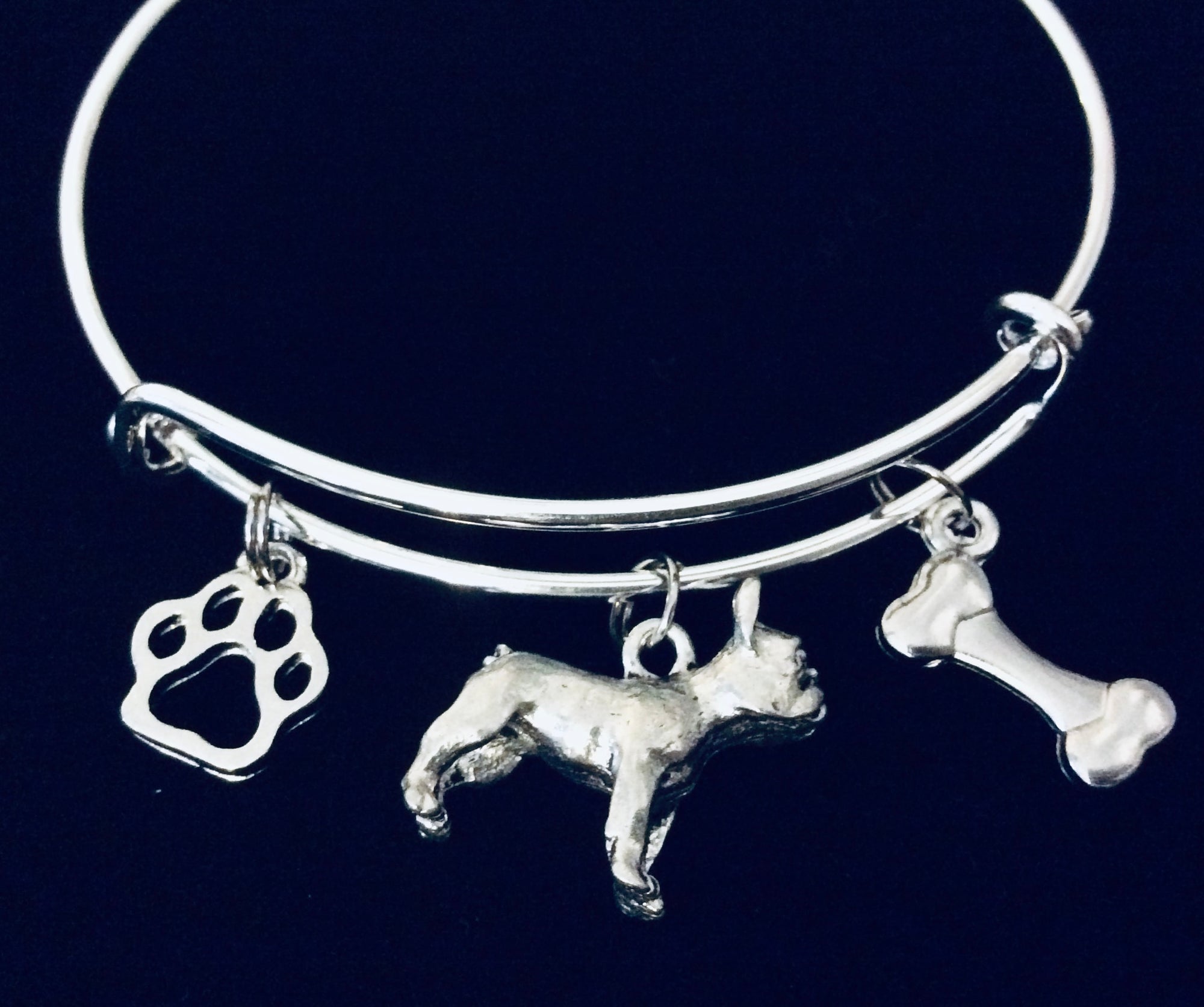 French Bull Dog Jewelry Expandable Charm Bracelet Adjustable Silver Bangle One Size Fits All Gift