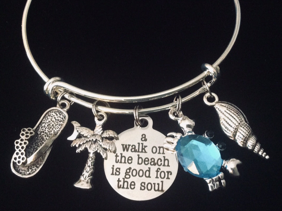 Beach Walk Expandable Charm Bracelet – Crab, Palm Tree, Flip-Flop & Seashell – “A Walk on the Beach is Good for the Soul”