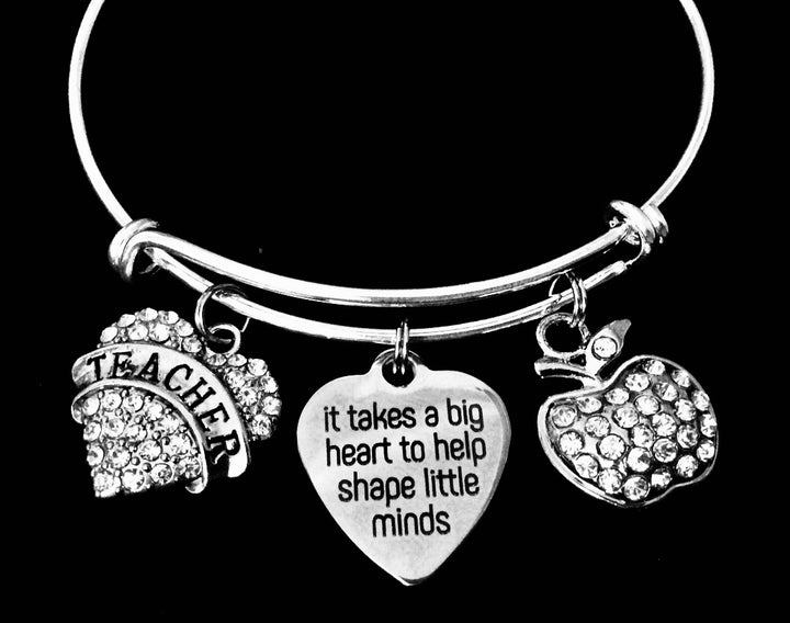Silver bangle with rhinestone Teacher arch, big heart quote disc &amp; crystal apple charm — teacher appreciation bracelet