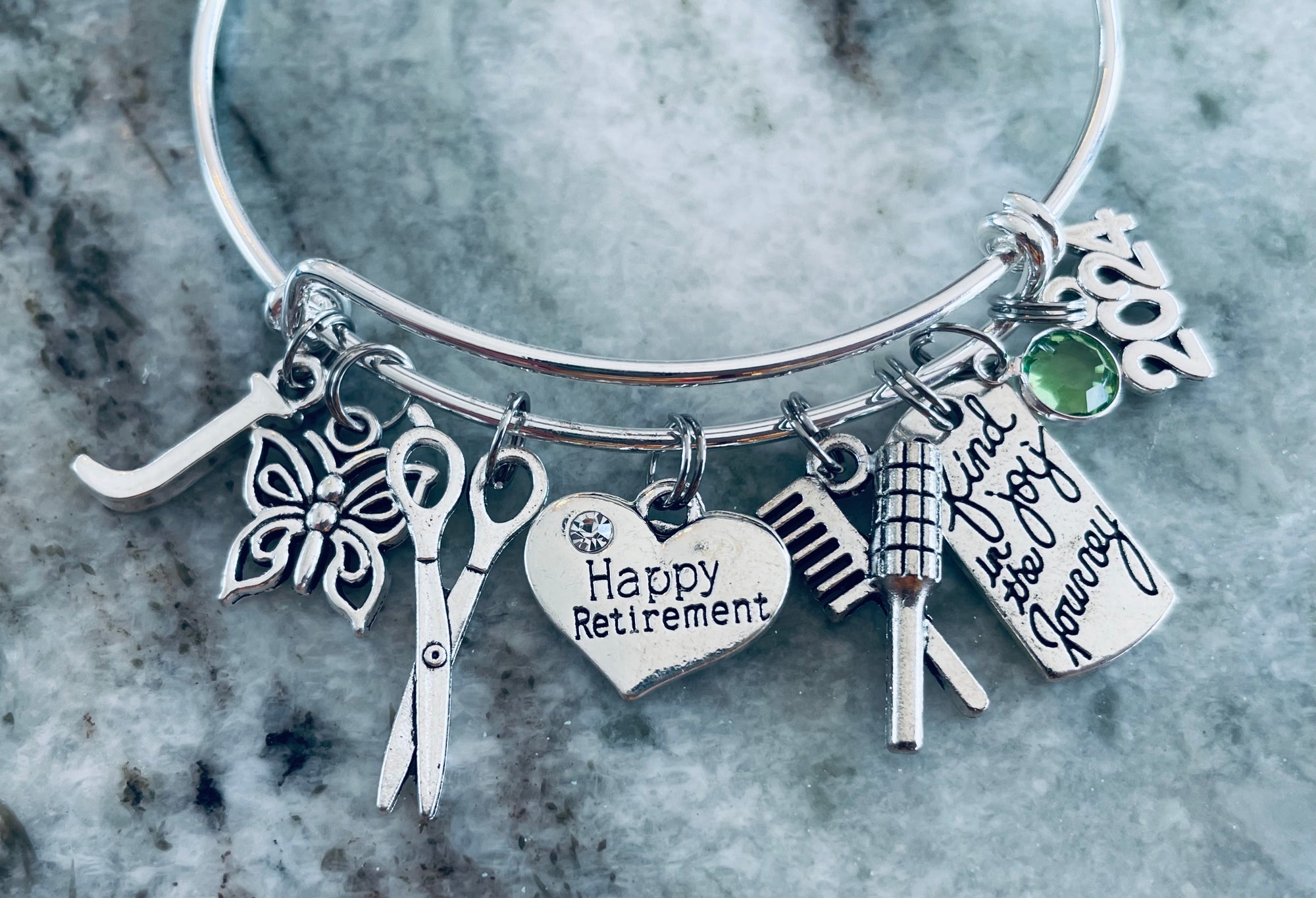 Retirement Gift for Hair Stylist Happy Retirement Expandable Silver Charm Bracelet Adjustable Bangle One Size Fits All Gift