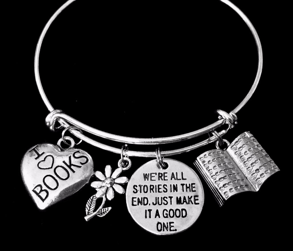 I Love Books Adjustable Charm Bracelet Book Lover Silver Expandable Bangle One Size Fits All Gift