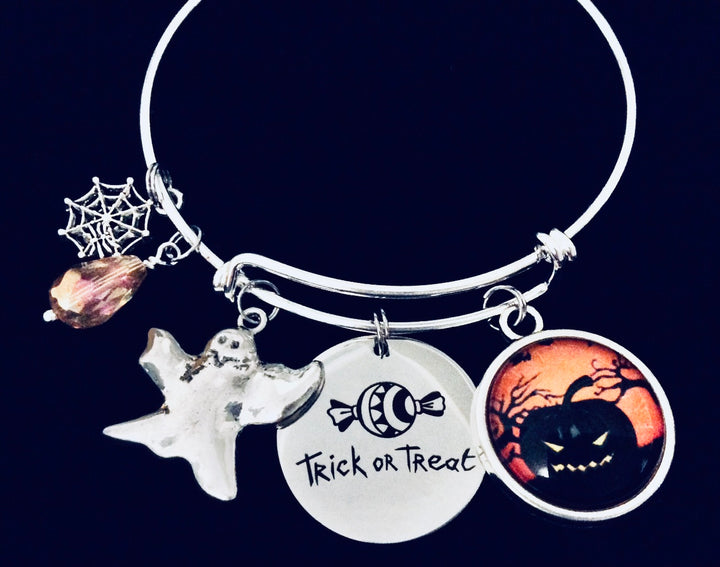 Halloween Charm Bracelet | Pumpkin, Ghost &amp; Crystal Silver Bangle