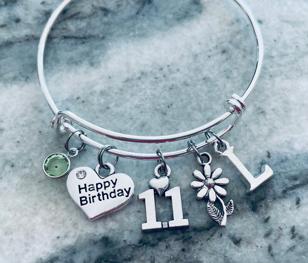 Happy 11th Birthday Expandable Charm Bracelet Adjustable Bangle Gift (Other Numbers Available)