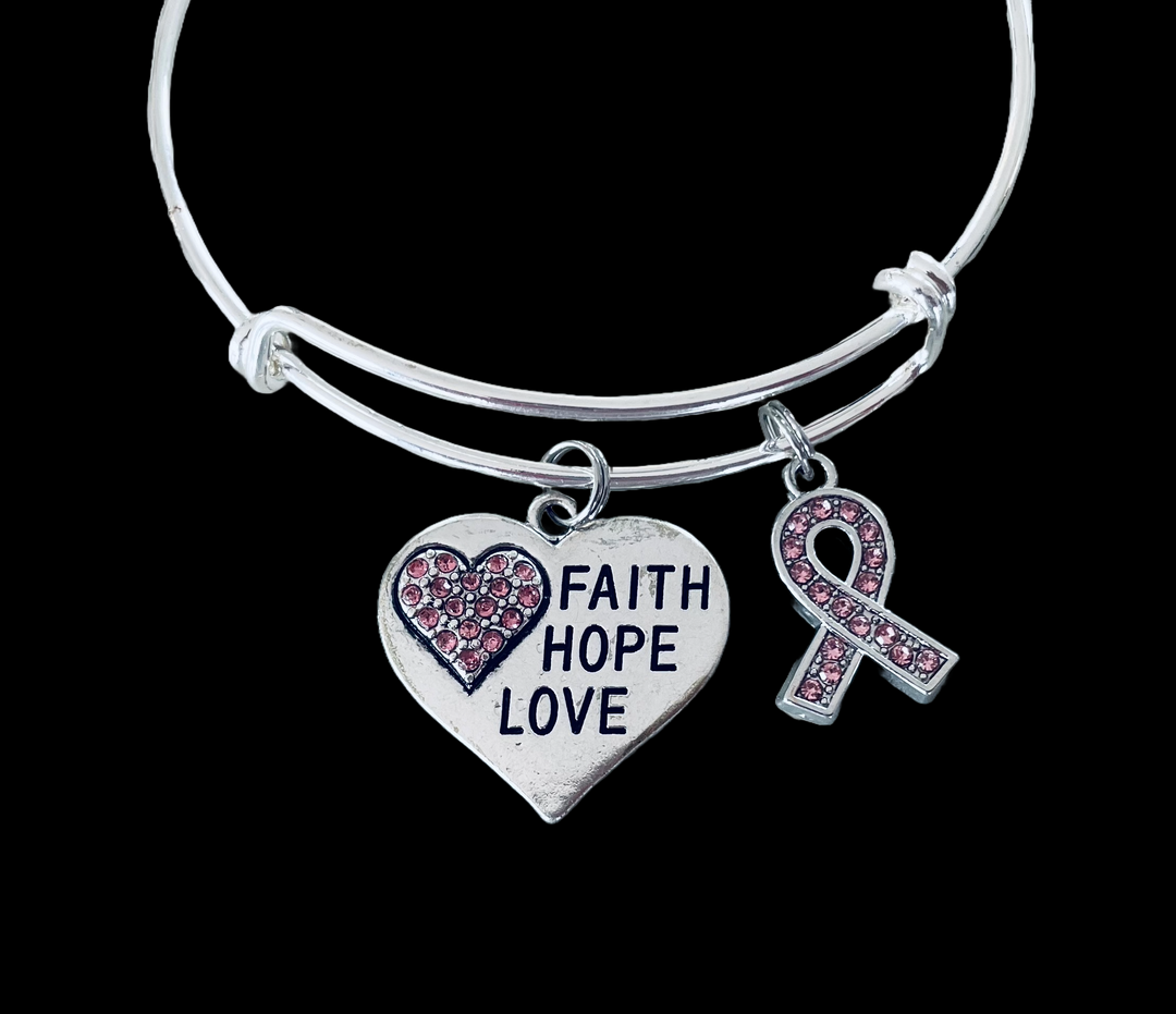 Faith Hope Love Bracelet – Silver Plated Expandable Bangle with Pink Ribbon Charm – Breast Cancer Awareness Jewelry G