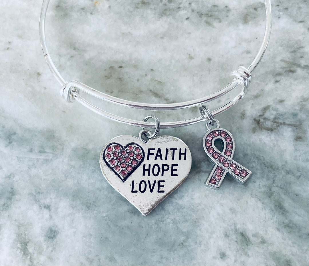 Faith Hope Love Bracelet – Silver Plated Expandable Bangle with Pink Ribbon Charm – Breast Cancer Awareness Jewelry G