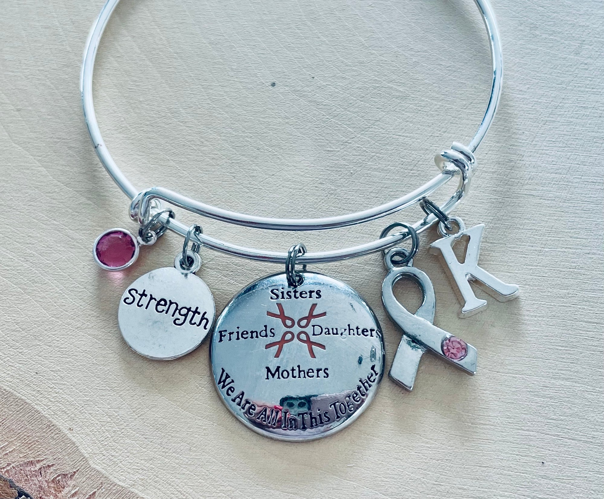 Sisters Friends Mothers Daughter Together Pink Awareness Ribbon Silver Expandable Charm Bracelet Adjustable Bangle Gift Breast Cancer