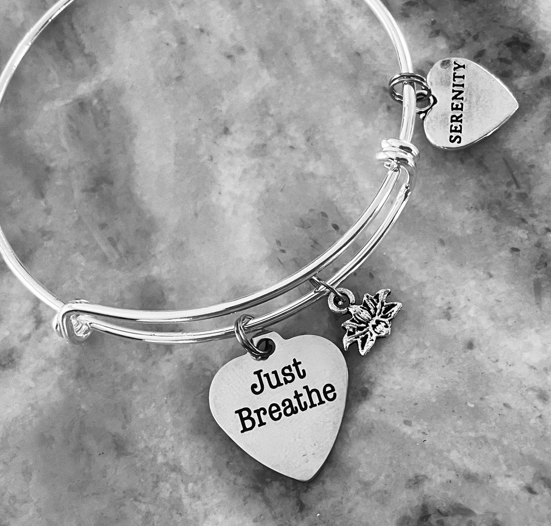 Just Breathe Heart Stainless Steel Charm with Lotus and Serenity on Silver Bracelet Expandable Adjustable Wire Bangle Gift Trendy Stacking Yoga Meditation