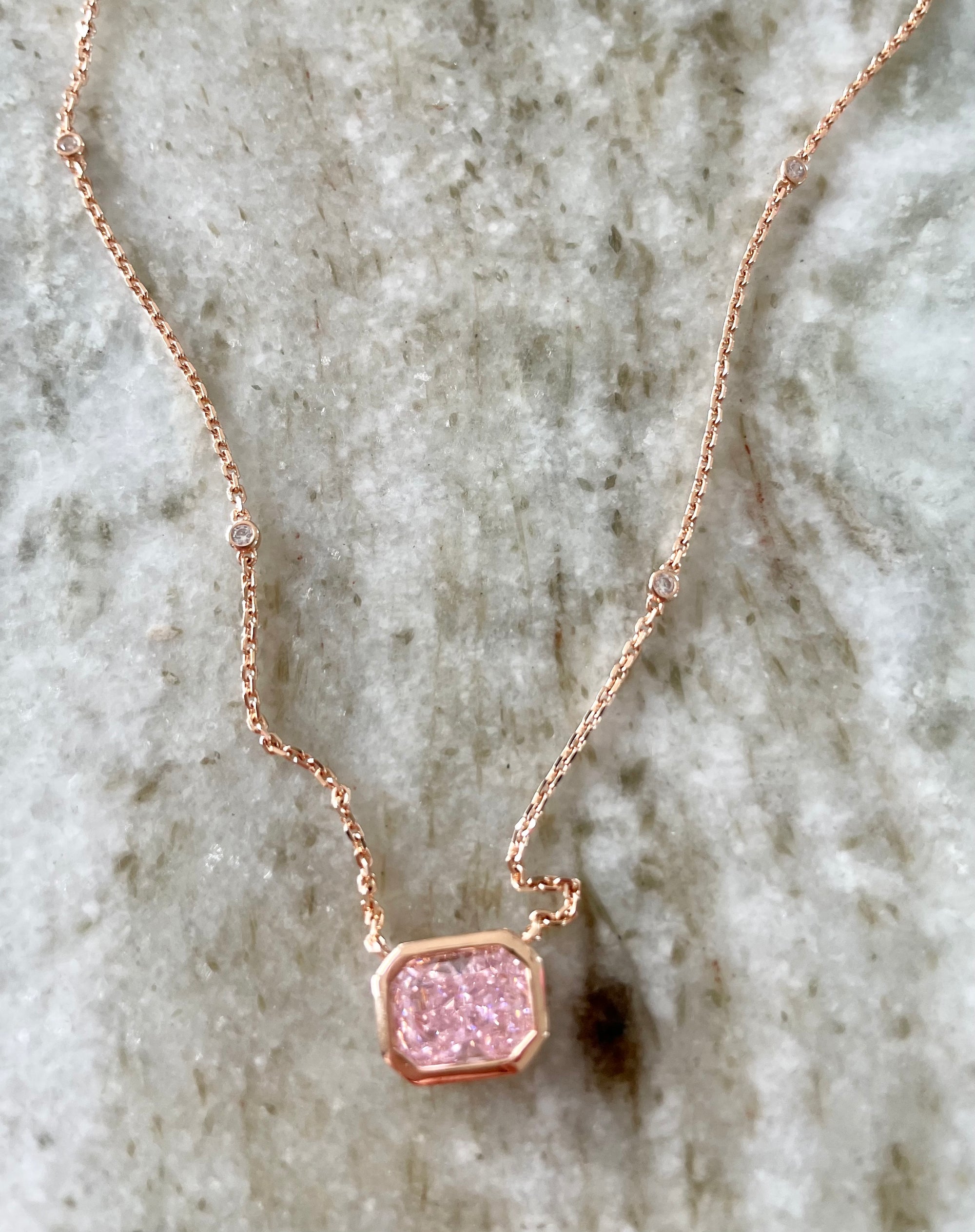 Rose gold necklace with a pink gemstone pendant Valentines Day Gift